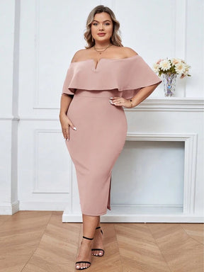 Vestido Plus Size Ombro a Ombro com Fenda Nana